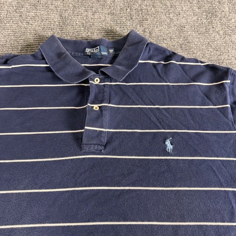 Polo Ralph Lauren Mens 4XB Navy Blue White Striped Short Sleeve Pique Polo Shirt